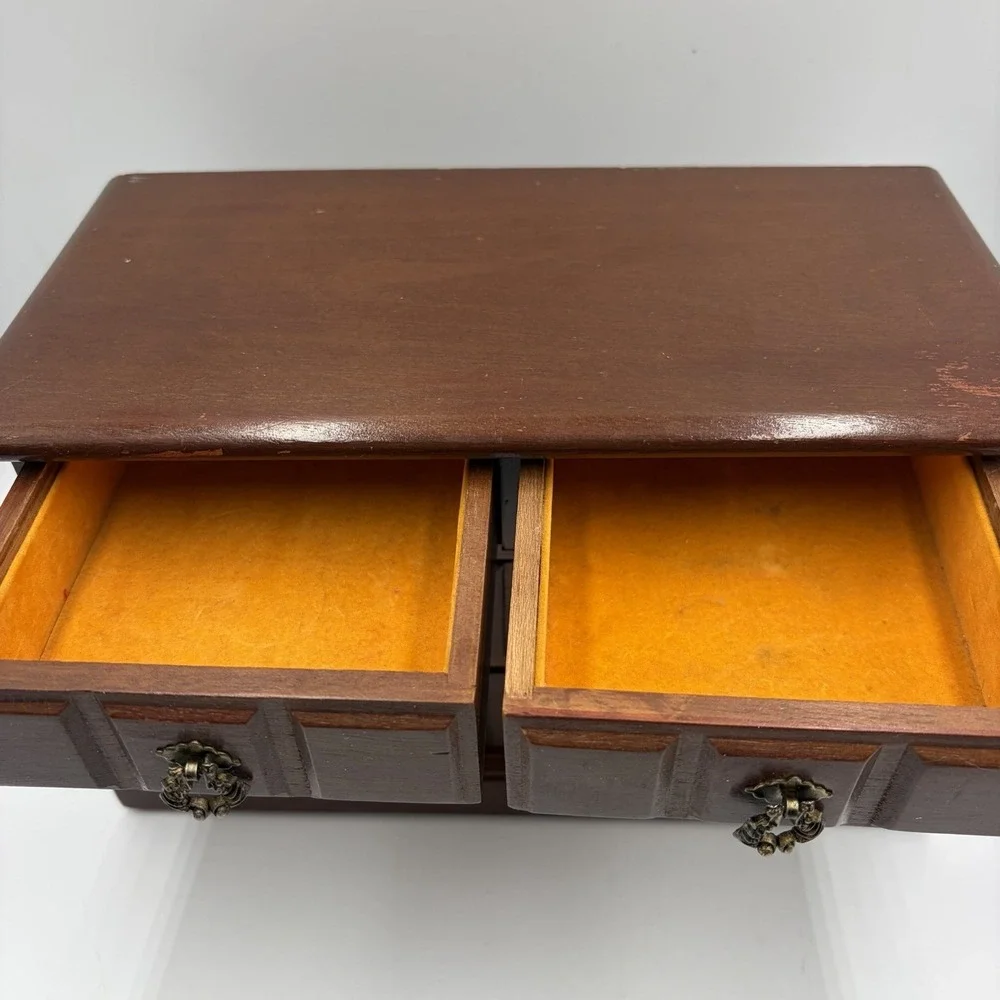 Vtg Brown Wood Rectangle Jewelry Box Organizer w/ Drawers Music Box MCM Cottage